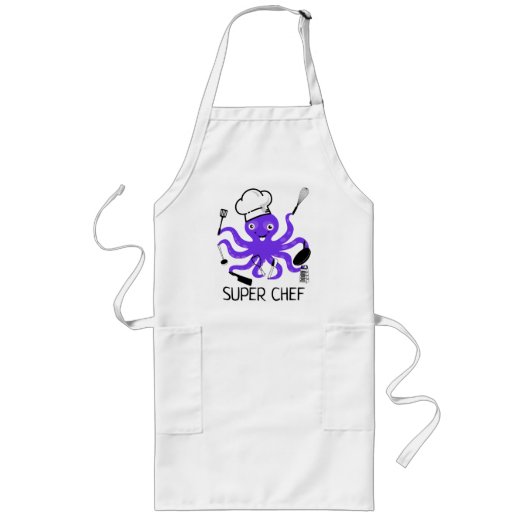 Super Chef Paars Octopus Personaliseer het Long Ap Lang Schort (Voorkant)