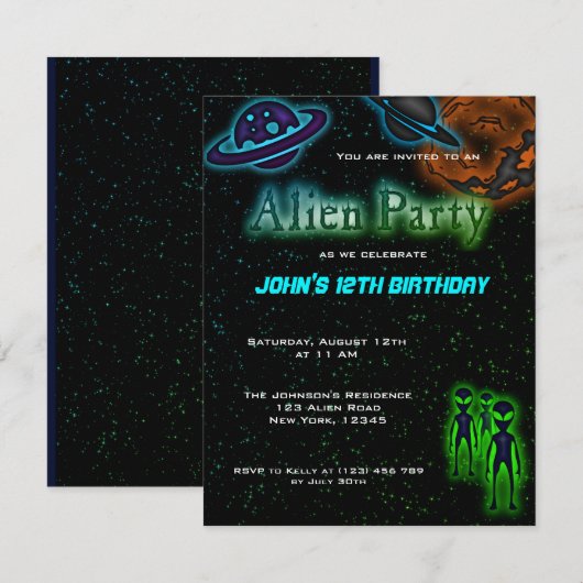 Super Cool Alien Invitation de fête d'anniversaire (Devant / Derrière)