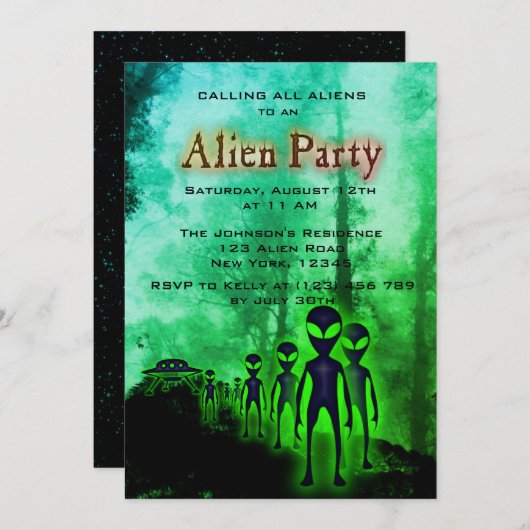 Super Cool Alien & UFO Invitation (Devant / Derrière)