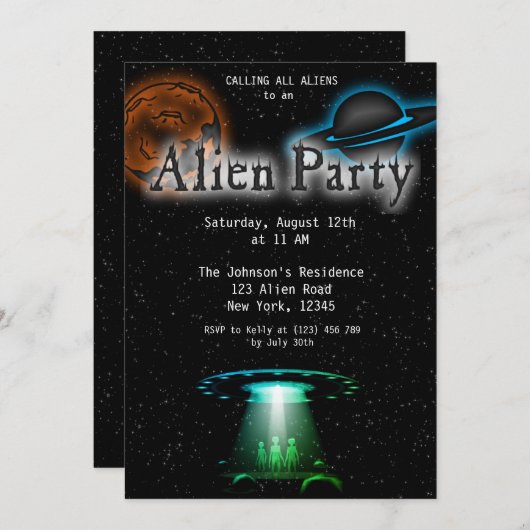 Super Cool Alien & UFO Invitation (Devant / Derrière)