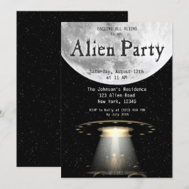 Super Cool Black & White Alien & UFO Party Uitnodi Kaart