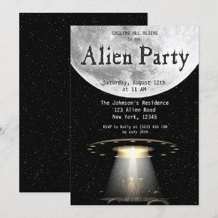 Super Cool Black & White Alien & UFO Party Uitnodi Kaart
