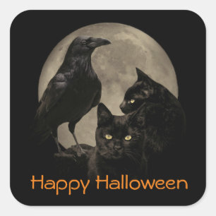 Super Cool Gothic Raven en Cats Halloween Vierkante Sticker