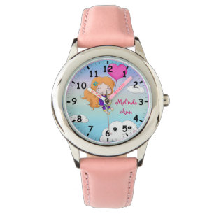 Super Cute Girl Pink-ballon en glimlende wolken Horloge