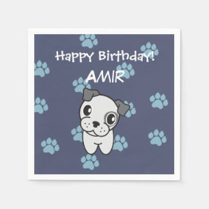 Super Cute Gray and Blue Bulldog Birthday Napkin Servet