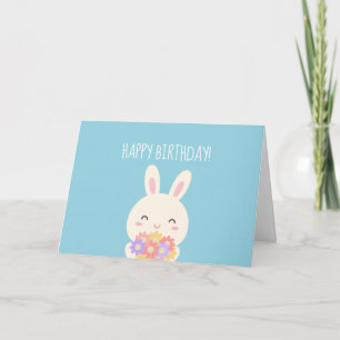 Super Cute Kawaii Bunny & Flowers Happy Birthday Kaart