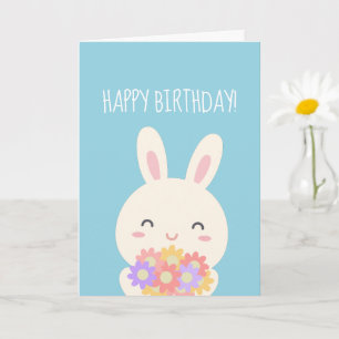 Super Cute Kawaii Bunny & Flowers Happy Birthday Kaart