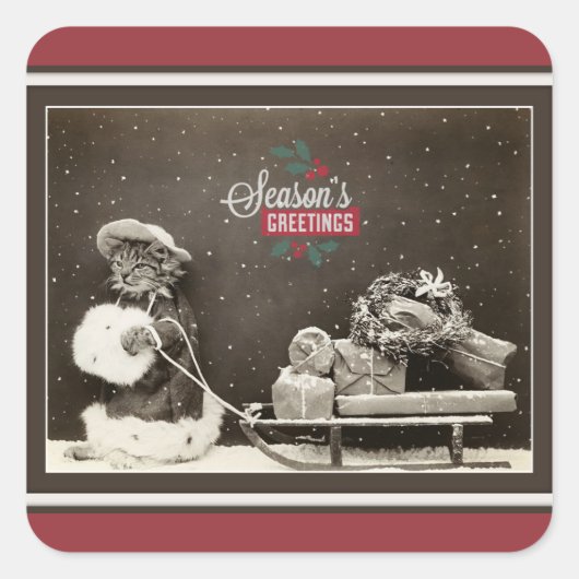 Super Cute Vintage-kerstkat Vierkante Sticker (Voorkant)