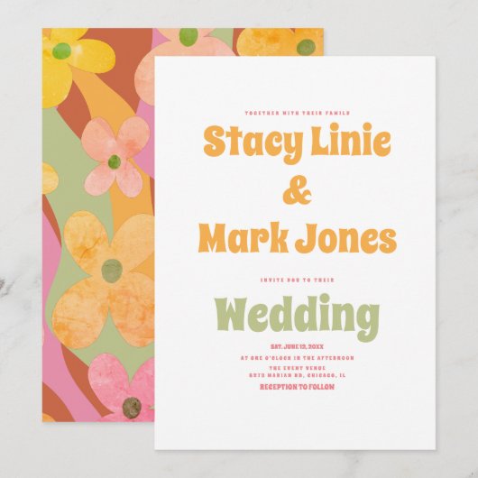 Super Floral 80s Retro Vintage Wedding Invitation (Devant / Derrière)