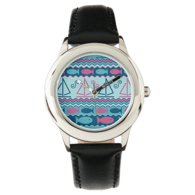 Super Fun Fish and Sailboat Pattern Horloge (Voorkant)