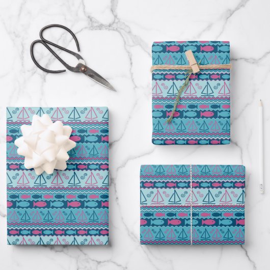 Super Fun Fish and Sailboat Pattern Inpakpapier Vel (Voorkant)