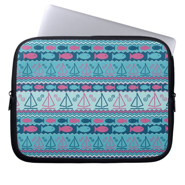 Super Fun Fish and Sailboat Pattern Laptop Sleeve (Voorkant)