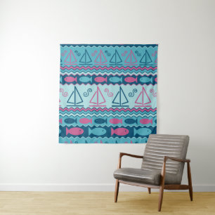 Super Fun Fish and Sailboat Pattern Wandkleed