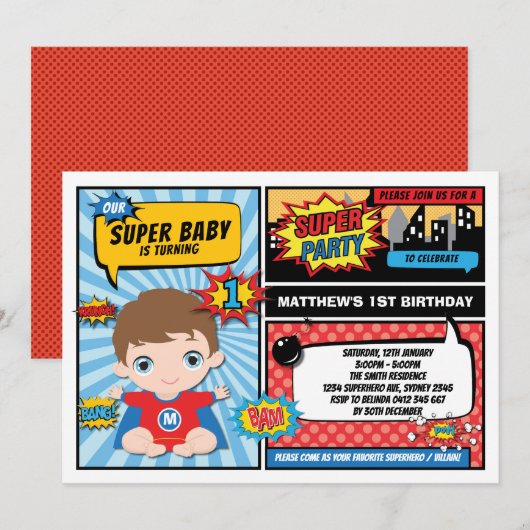 Super Hero 1e verjaardag Superhero Comics Party Kaart (Voorkant / Achterkant)