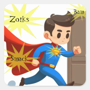 Super Hero Cartoon Guy met Action Words Vierkante Sticker