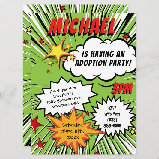 Super Hero Comic Book Adoption Party Kaart (Voorkant / Achterkant)