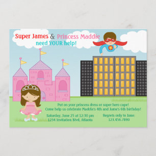 Super Hero en Princess Twins Joint Birthday Party Kaart