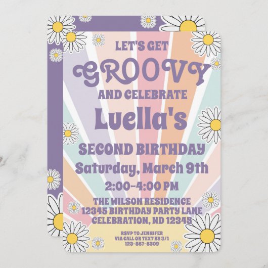 Super Hippy Sun & Daisy Girls Invitation Anniversa (Devant / Derrière)