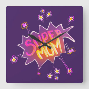 Super mam Roze Neon Flower Comic Bubble Vierkante Klok