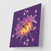 Super mam Roze Neon Flower Comic Bubble Vierkante Klok (Hoek)