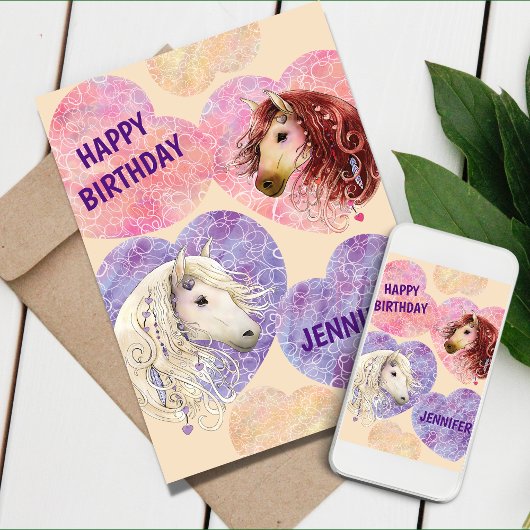 Super mignonne Boho Ponies rose violet carte d'ann