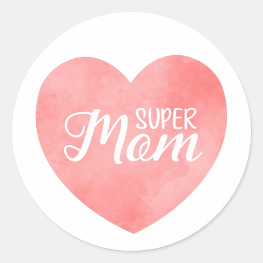 Super moeder in roze waterverf hart, moederdag ronde sticker (Voorkant)