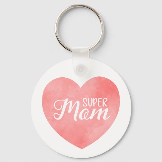 Super moeder tekst in roze waterverf hart sleutelhanger (Voorkant)