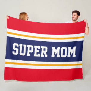 SUPER MOM Helderrood Wit Marineblauw Strepen Fleece Deken