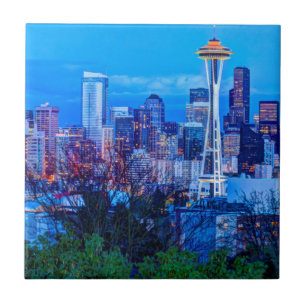 Super Moon opkomend nabij de skyline van Seattle Tegeltje
