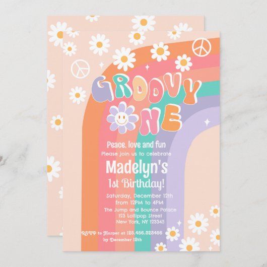 Super One Boho Daisy Invitations pour le premier a (Devant / Derrière)