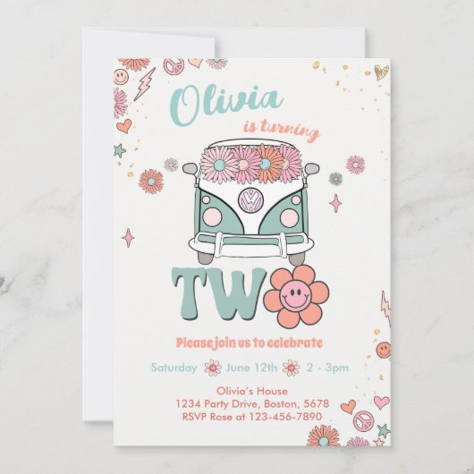 Super Retro Smile Flowers 2e Invitation d'annivers (Devant)