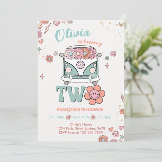 Super Retro Smile Flowers 2e Invitation d'annivers (Debout devant)