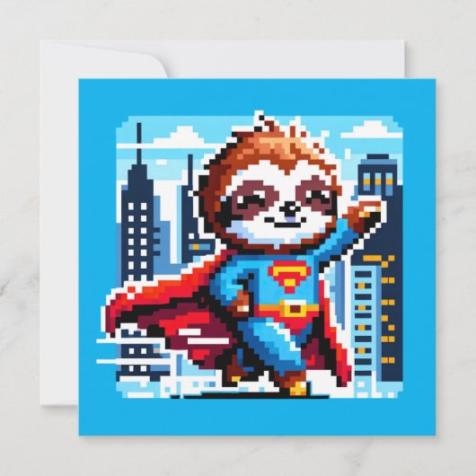 Super Sloth Funny Pixel Art Hero Cityscape Design Kaart (Voorkant)