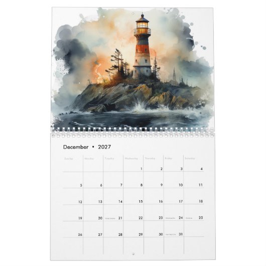 Superbe aquarelle phare 12 mois Calendrier (Dec 2027)