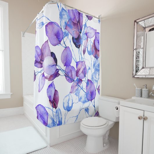 Superbe rideau de douche violet fleuri (En situation)