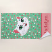 Supercute witte kat roze en mintgroene badhanddoek (Voorkant)