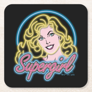 Supergirl Retro Neon Lights Grafisch Vierkante Kartonnen Onderzetter