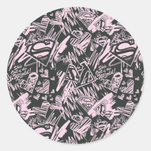 Supergirl roze en zwarte kribbels ronde sticker