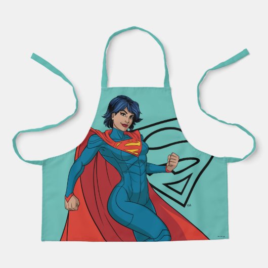 Supergirl zweven in blauw pak schort (Voorkant)