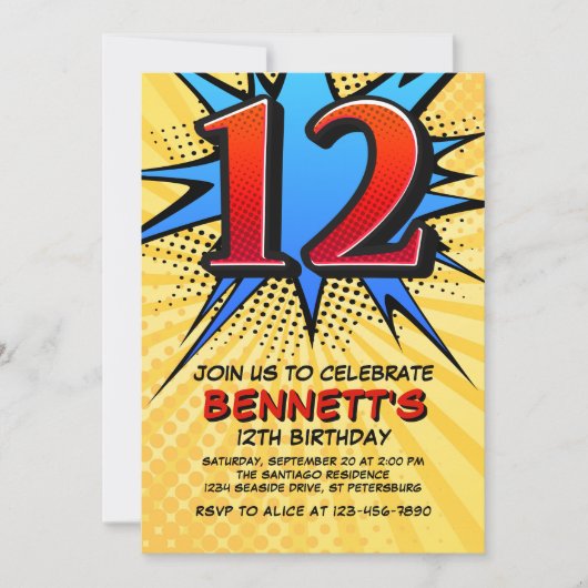 Superheld 12e verjaardag uitnodiging (Voorkant)