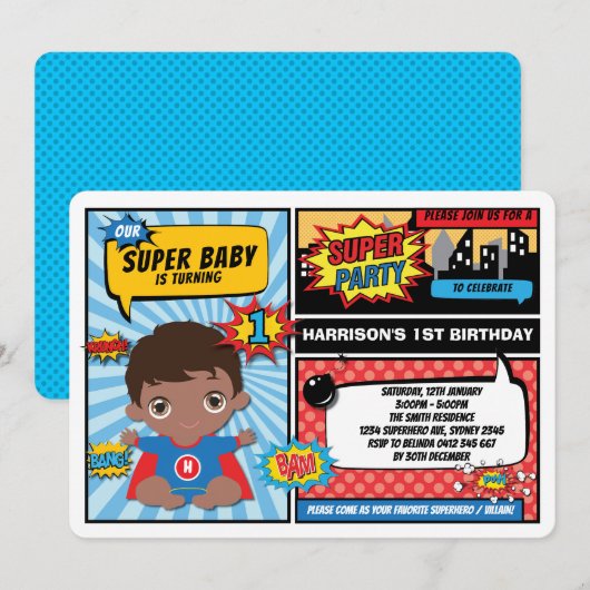 Superheld 1st Birthday Party / Afrikaans-Amerikaan Kaart (Voorkant / Achterkant)