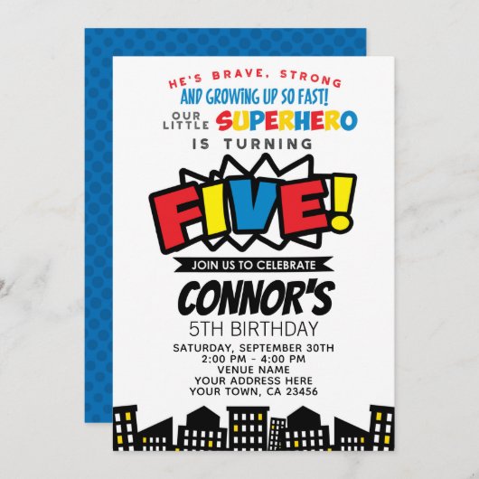 Superheld 5e verjaardag uitnodiging (Voorkant / Achterkant)