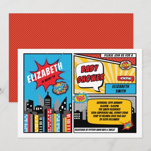 Superheld Baby shower / Superhelden Comic Book Kaart (Voorkant / Achterkant)