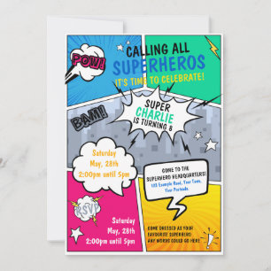Superheld Birthday Invitation Comic Style Kaart