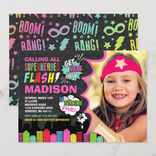 Superheld Birthday Invitation roze Superheld Party Kaart