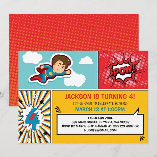 Superheld Birthday Party Invitation - Boy Colors Kaart (Voorkant / Achterkant)