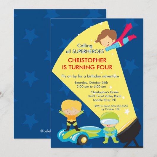 Superheld Birthday Party Invitation Kaart (Voorkant / Achterkant)