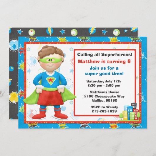 Superheld Birthday Party Invitation Kaart (Voorkant / Achterkant)