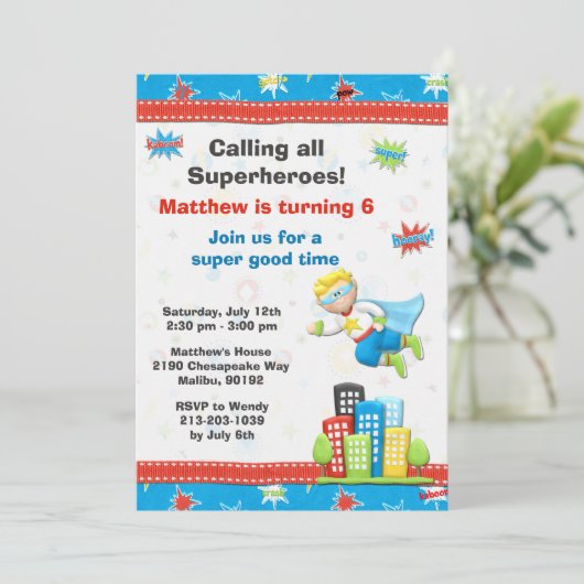 Superheld Birthday Party Invitation Kaart (Staand voorkant)