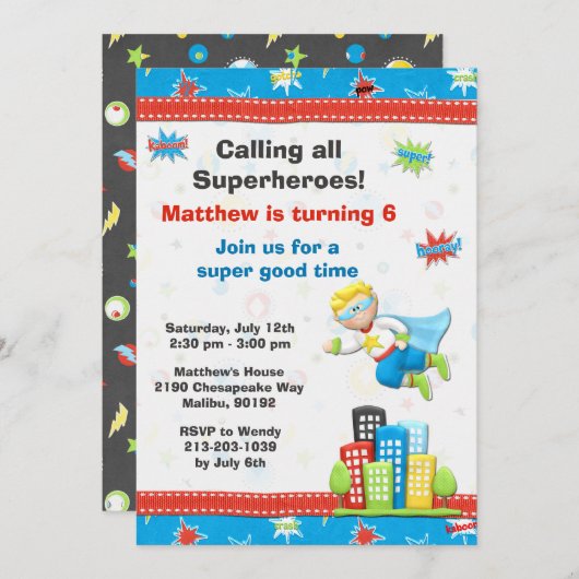 Superheld Birthday Party Invitation Kaart (Voorkant / Achterkant)